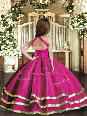 Great Sleeveless Floor Length Ruffled Layers and Ruching Lace Up Kids Formal Wear with Fuchsia