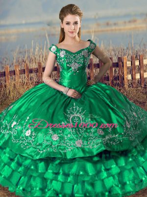Green Off The Shoulder Lace Up Embroidery and Ruffled Layers Sweet 16 Dress Sleeveless