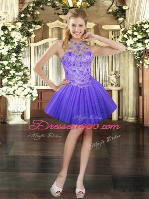 Dynamic Lavender Tulle Lace Up Halter Top Sleeveless Mini Length Junior Homecoming Dress Beading