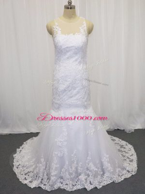 White Mermaid Lace Bridal Gown Side Zipper Tulle Sleeveless