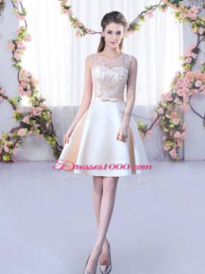 Dazzling Mini Length Champagne Quinceanera Court Dresses Satin Sleeveless Lace and Belt