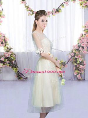 Perfect Champagne Empire Lace and Bowknot Court Dresses for Sweet 16 Lace Up Tulle Half Sleeves Tea Length