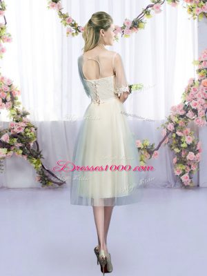 Perfect Champagne Empire Lace and Bowknot Court Dresses for Sweet 16 Lace Up Tulle Half Sleeves Tea Length