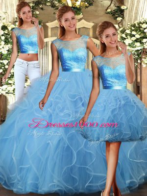 Scoop Sleeveless Tulle Quinceanera Dress Lace and Ruffles Backless