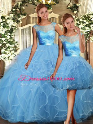 Scoop Sleeveless Tulle Quinceanera Dress Lace and Ruffles Backless