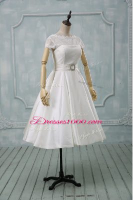 Short Sleeves Tulle Tea Length Clasp Handle Wedding Dresses in White with Lace and Sashes ribbons