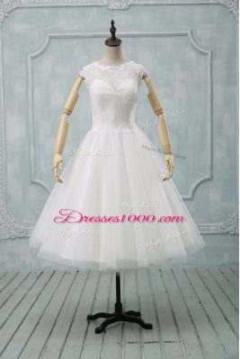 Short Sleeves Tulle Tea Length Clasp Handle Wedding Dresses in White with Lace and Sashes ribbons