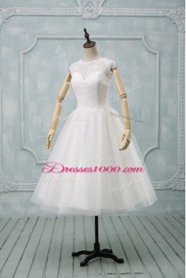 Short Sleeves Tulle Tea Length Clasp Handle Wedding Dresses in White with Lace and Sashes ribbons