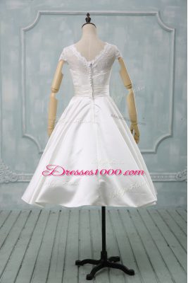 Short Sleeves Tulle Tea Length Clasp Handle Wedding Dresses in White with Lace and Sashes ribbons