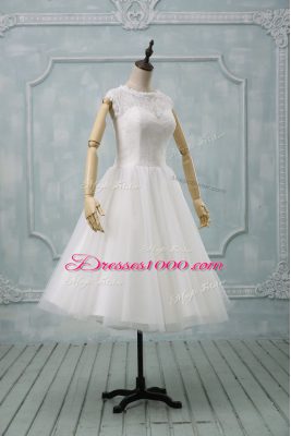 Short Sleeves Tulle Tea Length Clasp Handle Wedding Dresses in White with Lace and Sashes ribbons