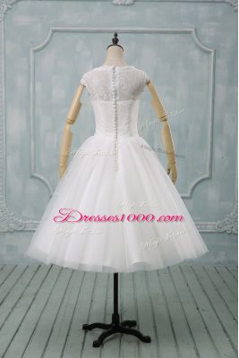 Short Sleeves Tulle Tea Length Clasp Handle Wedding Dresses in White with Lace and Sashes ribbons