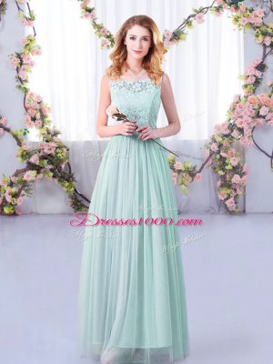 Light Blue Empire Scoop Sleeveless Tulle Floor Length Side Zipper Lace and Belt Bridesmaid Dress