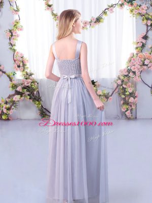 Light Blue Empire Scoop Sleeveless Tulle Floor Length Side Zipper Lace and Belt Bridesmaid Dress