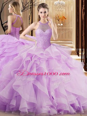 Lilac Organza Lace Up Halter Top Sleeveless Ball Gown Prom Dress Brush Train Beading and Ruffles