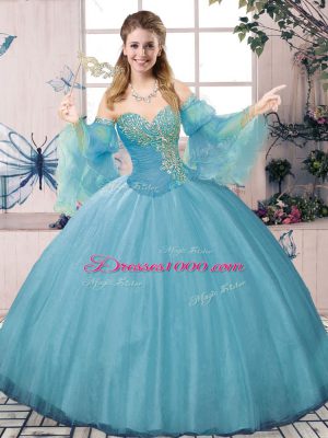 Ball Gowns Vestidos de Quinceanera Blue Sweetheart Tulle Long Sleeves Lace Up