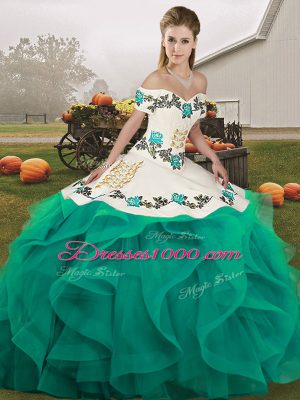 Artistic Turquoise Lace Up Off The Shoulder Embroidery and Ruffles Ball Gown Prom Dress Tulle Sleeveless