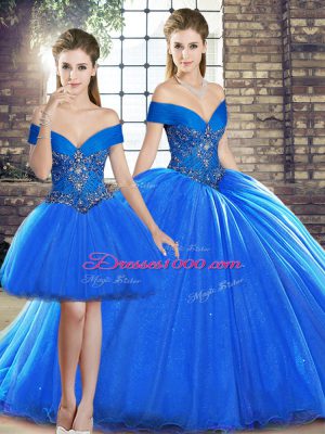 Captivating Off The Shoulder Sleeveless Organza 15th Birthday Dress Beading Brush Train Lace Up