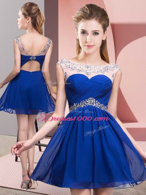Royal Blue A-line Scoop Sleeveless Taffeta Mini Length Backless Beading and Ruching Prom Dress