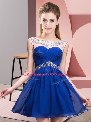 Royal Blue A-line Scoop Sleeveless Taffeta Mini Length Backless Beading and Ruching Prom Dress
