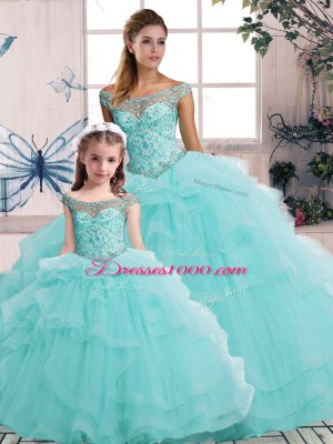 Traditional Aqua Blue Tulle Lace Up Off The Shoulder Sleeveless Floor Length Quinceanera Gowns Beading and Ruffles