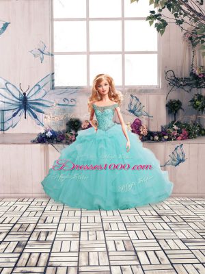 Traditional Aqua Blue Tulle Lace Up Off The Shoulder Sleeveless Floor Length Quinceanera Gowns Beading and Ruffles