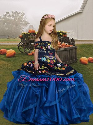 Straps Sleeveless Little Girls Pageant Gowns Floor Length Embroidery and Ruffles Blue Organza