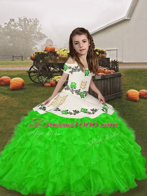 Sleeveless Floor Length Embroidery and Ruffles Lace Up Little Girl Pageant Gowns with Green