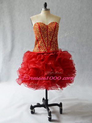 Sexy Wine Red Ball Gowns Organza Sweetheart Sleeveless Beading and Ruffles Mini Length Lace Up Hoco Dress