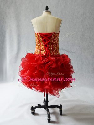 Sexy Wine Red Ball Gowns Organza Sweetheart Sleeveless Beading and Ruffles Mini Length Lace Up Hoco Dress