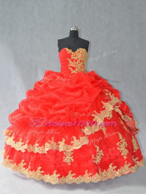 Floor Length Red Ball Gown Prom Dress Organza Sleeveless Lace and Appliques and Pick Ups