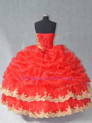 Floor Length Red Ball Gown Prom Dress Organza Sleeveless Lace and Appliques and Pick Ups