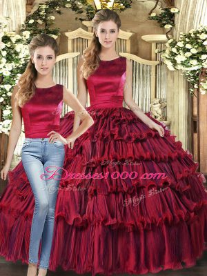 Wine Red Scoop Neckline Ruffled Layers Ball Gown Prom Dress Sleeveless Lace Up