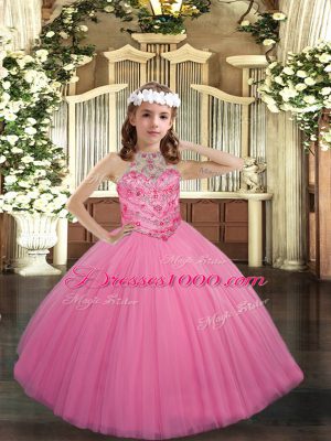 Rose Pink Little Girls Pageant Gowns Party and Sweet 16 and Wedding Party with Beading Halter Top Sleeveless Lace Up