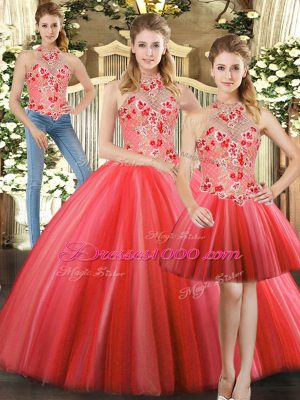 Modern Red Sleeveless Tulle Lace Up Quinceanera Dresses for Sweet 16 and Quinceanera