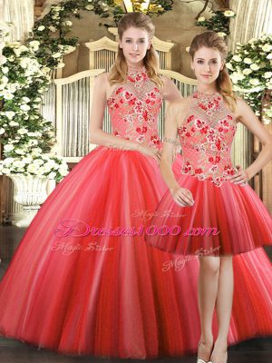 Modern Red Sleeveless Tulle Lace Up Quinceanera Dresses for Sweet 16 and Quinceanera