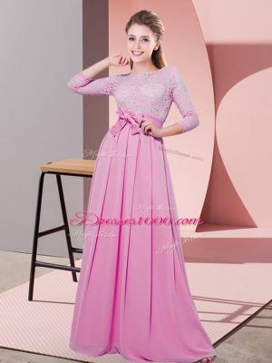 Beauteous Rose Pink Scoop Side Zipper Lace and Belt Court Dresses for Sweet 16 3 4 Length Sleeve