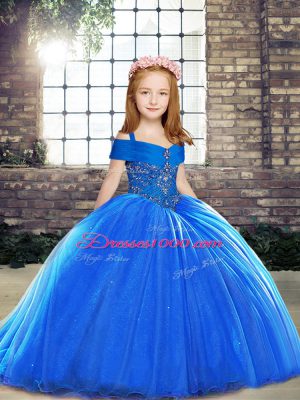 Sleeveless Brush Train Lace Up Pageant Gowns For Girls in Royal Blue with Beading