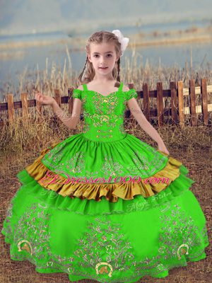 Stunning Floor Length Kids Formal Wear Satin Sleeveless Beading and Embroidery