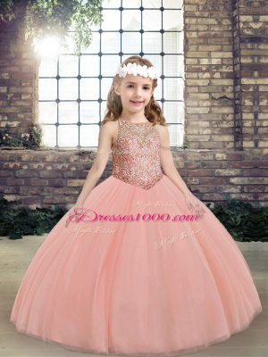 Perfect Tulle Scoop Sleeveless Lace Up Beading Kids Formal Wear in Peach