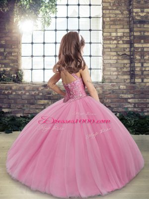 Perfect Tulle Scoop Sleeveless Lace Up Beading Kids Formal Wear in Peach