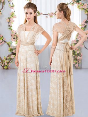 Flirting Champagne Empire Lace Court Dresses for Sweet 16 Side Zipper Lace Short Sleeves Floor Length