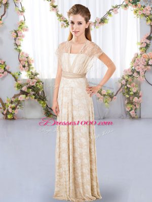 Flirting Champagne Empire Lace Court Dresses for Sweet 16 Side Zipper Lace Short Sleeves Floor Length