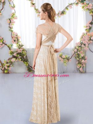 Flirting Champagne Empire Lace Court Dresses for Sweet 16 Side Zipper Lace Short Sleeves Floor Length