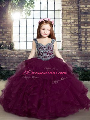 Purple Tulle Lace Up Straps Sleeveless Floor Length Kids Pageant Dress Beading and Ruffles