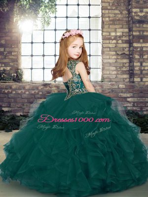 Purple Tulle Lace Up Straps Sleeveless Floor Length Kids Pageant Dress Beading and Ruffles