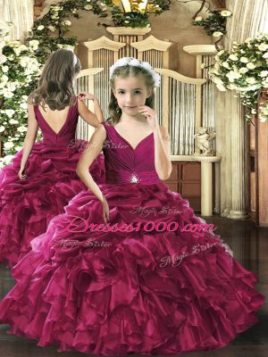 Lovely Burgundy Ball Gowns Organza V-neck Sleeveless Ruffles Floor Length Backless Quinceanera Dress