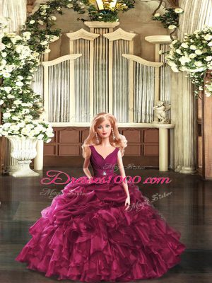 Lovely Burgundy Ball Gowns Organza V-neck Sleeveless Ruffles Floor Length Backless Quinceanera Dress