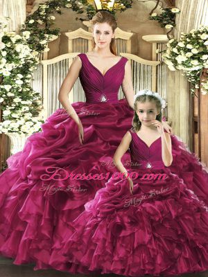 Lovely Burgundy Ball Gowns Organza V-neck Sleeveless Ruffles Floor Length Backless Quinceanera Dress