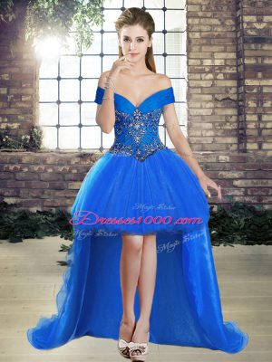 Dynamic Off The Shoulder Sleeveless Prom Dress High Low Beading Blue Tulle