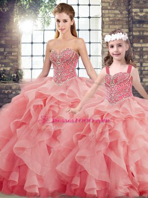 Stylish Lace Up 15th Birthday Dress Watermelon Red for Military Ball and Sweet 16 and Quinceanera with Beading and Ruffles Brush Train